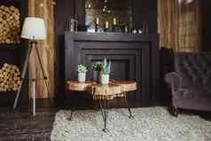 时尚的斯堪的那维亚作文生活房间设计扶手椅地板上灯植物木表格装饰阁楼墙个人配件现代首页装饰