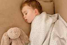 可爱的高加索人男孩睡觉沙发上首页孩子采取一天La2孩子休息放松最喜欢的毛茸茸的玩具甜蜜的梦想每天例程健康的和平睡眠舒适的室内
