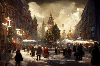 晚上拥挤的圣诞节欧洲小镇街神经网络生成的艺术