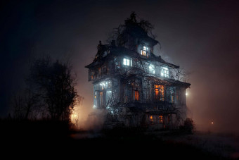 黑暗闹鬼房子照亮窗户令人毛骨悚然的有雾的黑暗万圣节晚上神经网络生成的艺术
