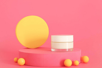 化妆品奶油包装站粉红色的讲台上黄色的设计元素免费的空间文本标志复制空间奶油演讲粉红色的背景模型