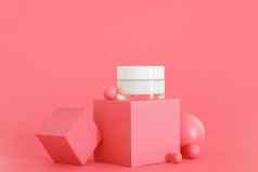 白色未打上烙印的化妆品奶油Jar站粉红色的讲台上皮肤护理产品演讲粉红色的背景时尚的模型护肤品美水疗中心