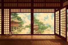 幻想日本神社窗户视图鸟居渲染动漫风格壁纸