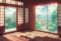 幻想日本神社窗户视图鸟居渲染动漫风格壁纸