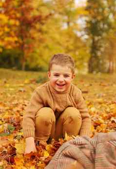 户外有趣的秋天孩子玩秋天下降叶子公园快乐男孩