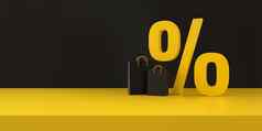 百分比折扣象征购物袋黑色的黄色的工作室背景黑色的星期五折扣