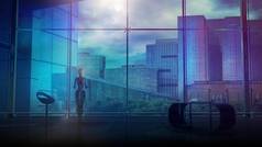 机器人前面全景窗口俯瞰城市建筑渲染