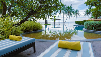 热带池棕榈树海滩床上椅子海滩椅子海滩毛巾池