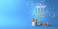 呈现图像犹太人假期光明节烛台传统的枝状大烛台gif盒子甜甜圈蓝色的背景