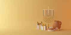 呈现图像犹太人假期光明节烛台传统的枝状大烛台gif盒子甜甜圈木陀螺纺纱前甜甜圈黄色的背景