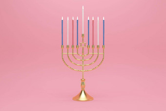呈现图像犹太人假期光明节烛台传统的枝状大烛台粉红色的背景