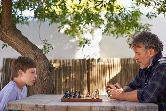 蜂蜜国际象棋技能爷爷年轻的男孩玩国际象棋祖父