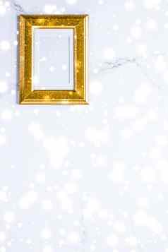 金照片框架发光的闪闪发光的雪大理石平铺背景圣诞节冬天假期