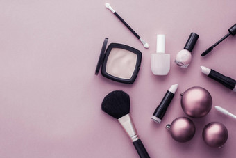 化妆化妆品产品集美品牌圣诞节出售促销活动奢侈品紫色的平铺背景假期设计