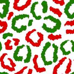 手画无缝的绿色红色的圣诞节豹模式节日野生猎豹背景动物皮毛皮肤打印12月包装假期纸邀请卡片设计