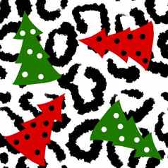 手画无缝的绿色红色的圣诞节豹模式圣诞节树节日野生猎豹背景动物皮毛皮肤打印12月包装假期纸邀请卡片设计