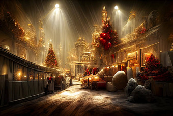 奇怪的晚上克里斯特马斯街背景圣诞节云杉树雪公平摊位<strong>神经网络</strong>生成的艺术