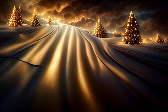 大雪覆盖场圣诞节树晚上神经网络生成的艺术