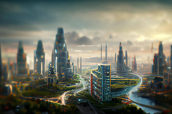 摘要未来主义的乌托邦式的城市景观神经网络生成的艺术