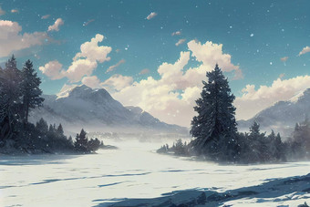 动漫风格美丽的高地雪场景