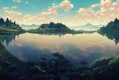 动漫风格美丽的湖全景拍摄