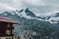 lauterbrunnen瑞士处女瑞士阿尔卑斯山脉山房子窗口百叶窗花盒子云雪山峰