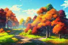 动漫风格美丽的风景秋天