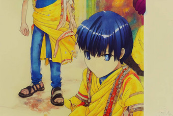 动漫风格孩子摆姿势照片穿黄色的旁遮普语蓝色的牛仔裤萨拉斯瓦提崇拜
