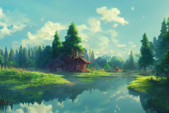 夏天景观小湖森林动漫风格艺术站皮克斯风格显示