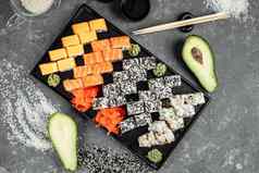 寿司集新鲜的成分灰色的背景寿司菜单日本食物