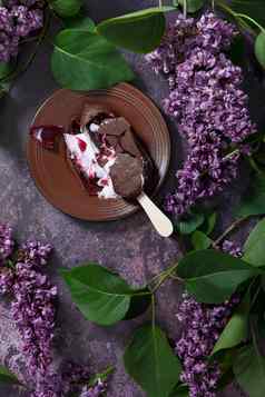 融化了树莓冰奶油巧克力木坚持黑暗表格