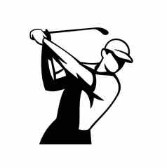 高尔夫球手摆动高尔夫球俱乐部前面视图吉祥物复古的黑色的白色