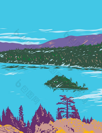 芬内特岛湖太浩翡翠湾状态公园加州水渍险海报艺术