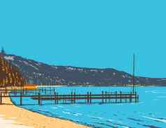 麦金尼湾湖太浩塞拉内华达山北部加州水渍险海报艺术