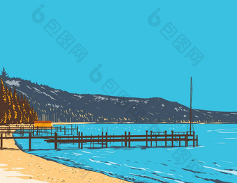 麦金尼湾湖太浩塞拉内华达山北部加州水渍险海报艺术