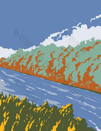 河溪流树银行水渍险海报艺术