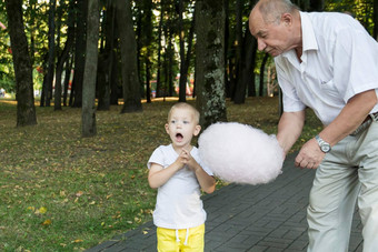 祖父深情地小心翼翼地对待提要孙子粉红色的棉花糖果娱乐公园养老金领取者男孩花免费的时间周末