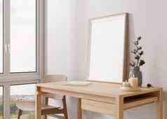 空垂直图片框架站木桌子上现代房间模拟室内当代风格免费的复制空间图片花瓶棉花植物蜡烛椅子呈现