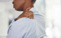 企业女人肩膀疼痛受伤炎症背痛问题回来视图业务人脊椎按摩疗法障碍持有肌肉触摸物理压力联合