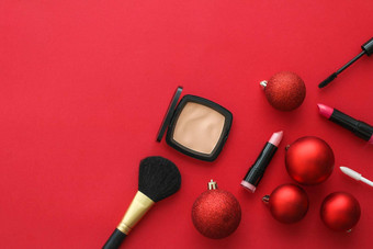 化妆化妆品产品集美品牌圣诞节出售促销活动奢侈<strong>品红</strong>色的平铺背景假期设计