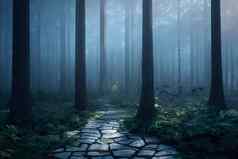 神奇的童话森林松柏科的森林覆盖绿色莫斯神秘的大气