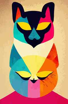 色彩斑斓的猫头很酷的孤立的流行艺术风格BackroundWPAPa风格