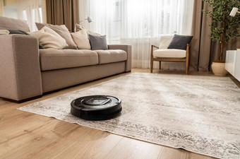 真空更清洁的机器人工作地毯生活房间光米色灰色的颜色