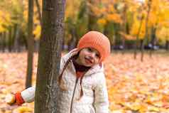 快乐有趣的孩子孩子女孩orande他走公园森林享受秋天秋天自然天气兄弟姐妹孩子收集下降叶子篮子玩隐藏树玩隐藏寻求