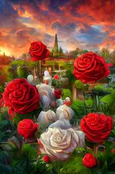 红色的白色玫瑰色彩斑斓的天空玫瑰城堡日落背景