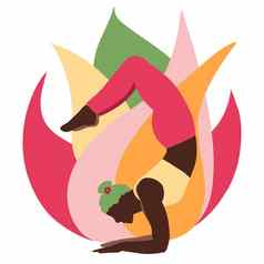 手画插图黑色的非洲美国女人瑜伽构成现代绿色粉红色的设计平衡和谐健康概念放松锻炼健身身体体育运动