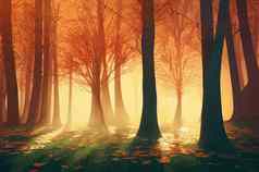 神奇的秋天森林太阳射线晚上黄金阳光橙色树叶日落仙女森林秋天