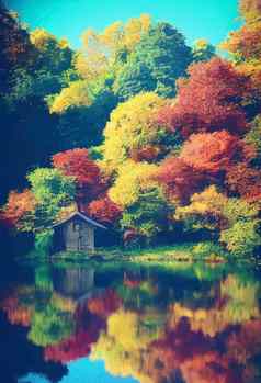 小屋森林湖森林秋天