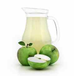 新鲜的绿色苹果苹果汁内部玻璃壶孤立的白色背景插图