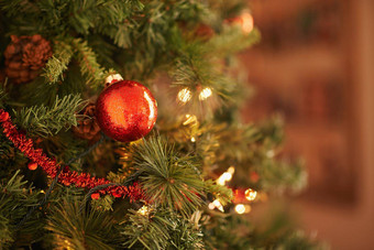 闪亮的圣诞节欢呼特写镜头拍摄红色的圣诞节点缀挂树